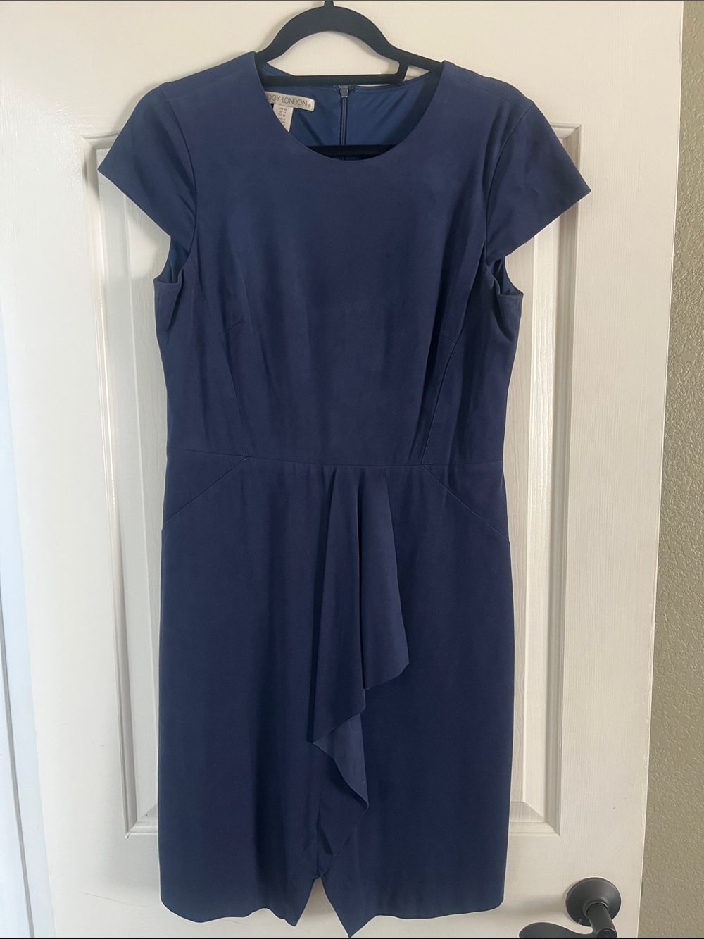 Maggy London Navy Cap Sleeve Dress with Front Ruffle